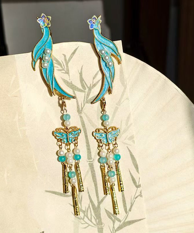 Classy Blue Sterling Silver Overgild Cloisonne Butterfly Tassel a Pair Hairpin