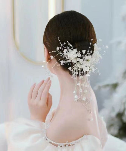 White Plastics Patchwork Silk Inlaid Tassel Hairpin