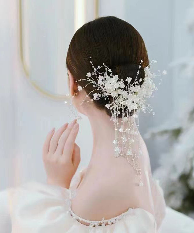 White Plastics Patchwork Silk Inlaid Tassel Hairpin