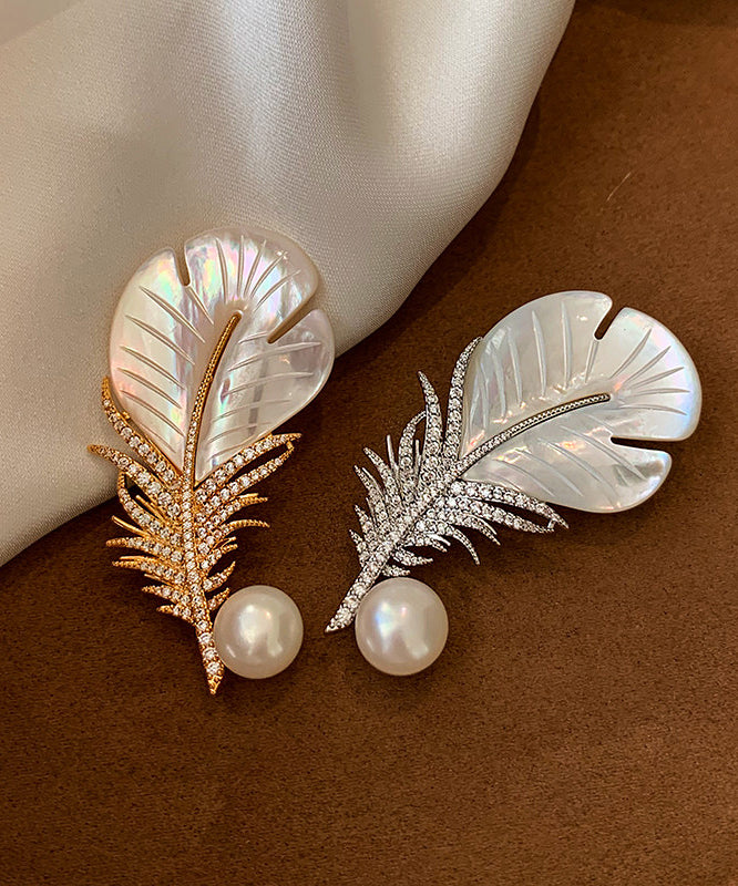 Modern Golden Feather Shape Pearl Fine Zircon Brooch