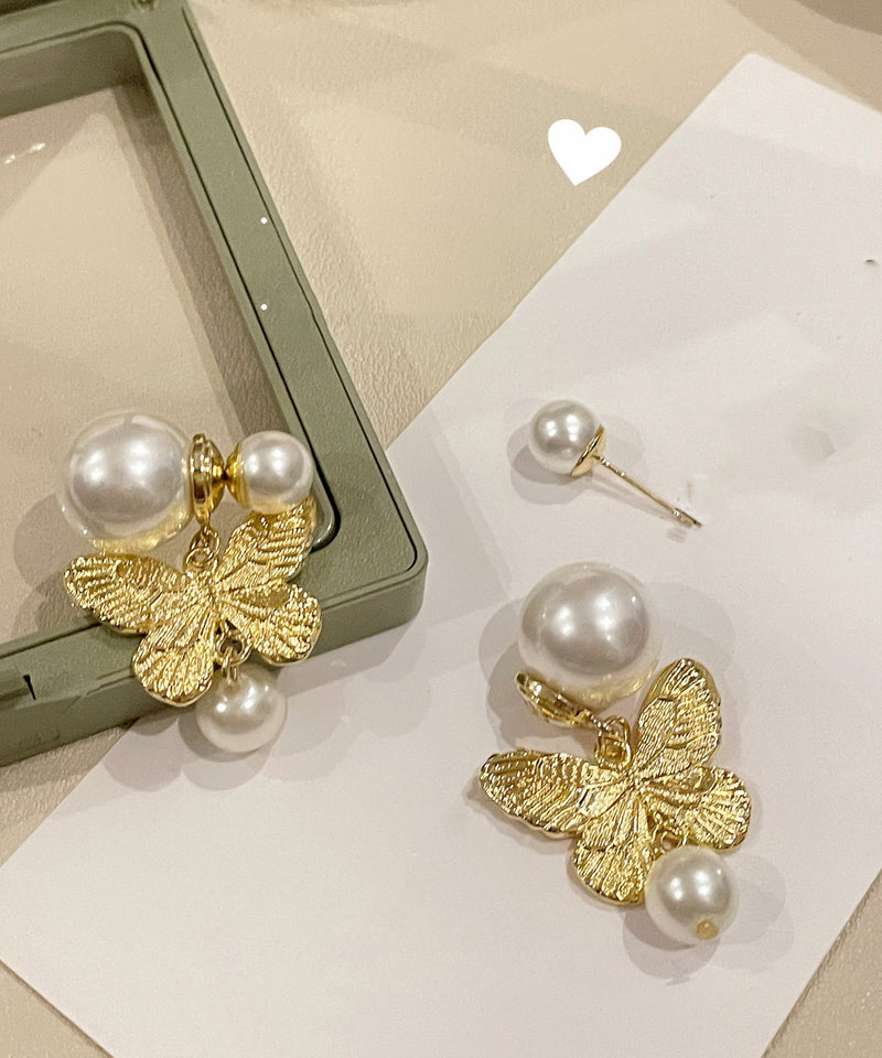 Gold Copper Alloy Butterfly Pearl Drop Earrings