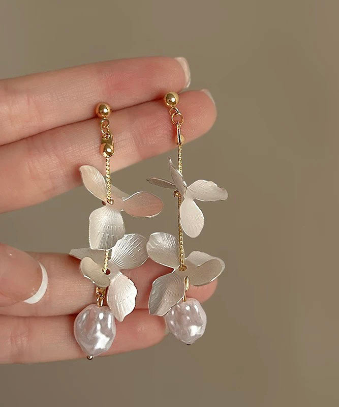 White Stelring Silver Overgild Pealr Iris Drop Earrings