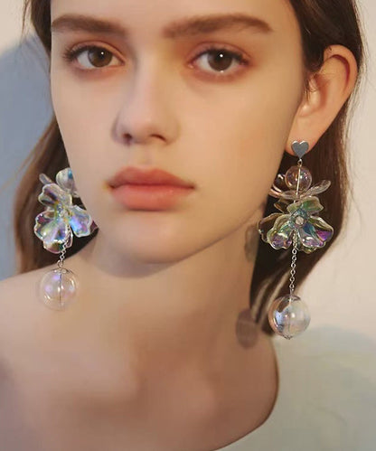 Colorful Transparent Crystal Flower Long Stud Earrings