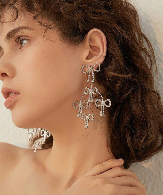 Original Design Bow Zircon Exaggeration Silver Plated Drop Earrings