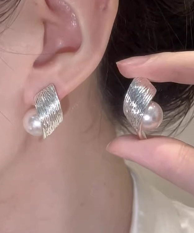 Stylish Silk Spiral Wire Drawing Pearl Silver Plated Stud Earrings