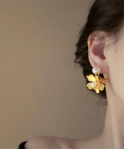 Style Gold Metal Overgild Pearl Stud Earrings
