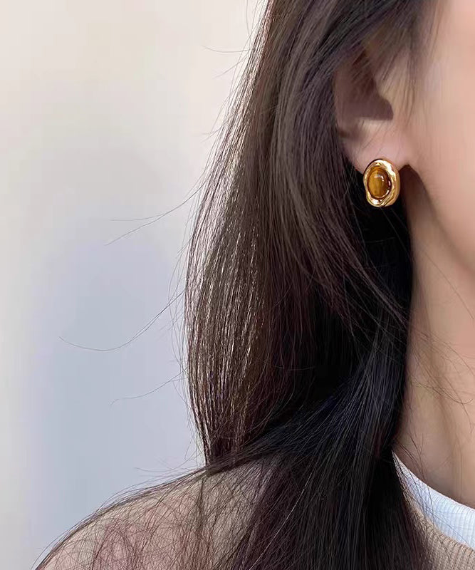 Retro Brown Copper Overgild Tiger's Eye Stud Earrings