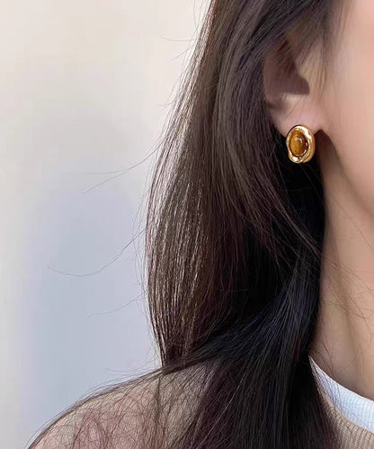 Retro Brown Copper Overgild Tiger's Eye Stud Earrings