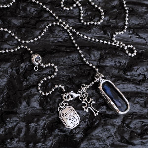 Sterling Silver Blue Round Bead Cross Pendant Necklace