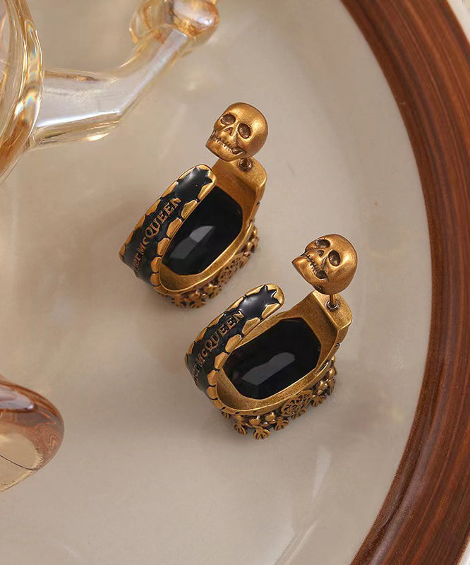 Gold Copper Overgild Gem Stone Skull Hoop Earrings
