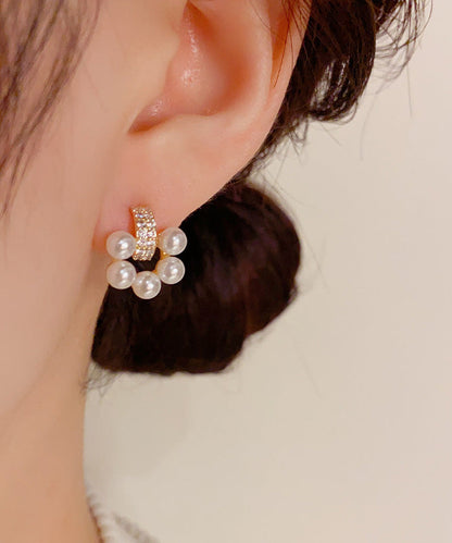 White Copper Overgild Zircon Pearl Stud Earrings