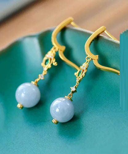 Boutique Gold Sterling Silver Overgild Inlaid Zircon Jade Crystaldrop Earrings