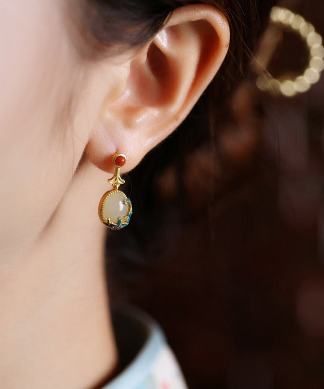 Yellow Copper Overgild Agate Enamel Drop Earrings