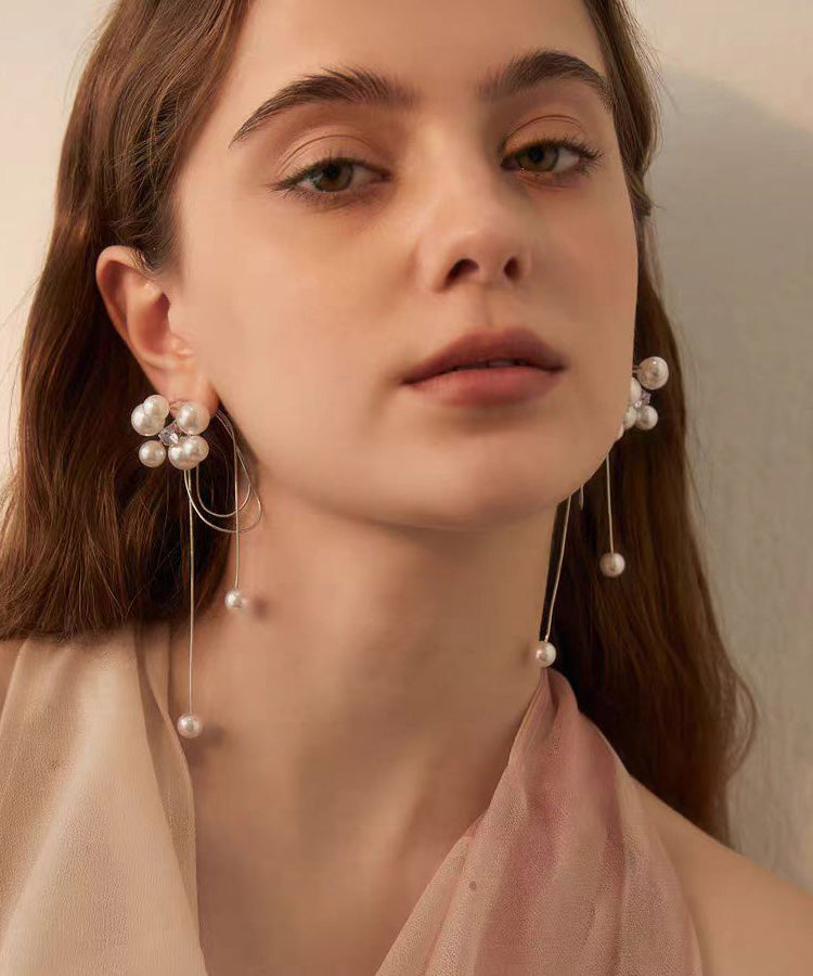 Light Tassel Pearl Long Stud Earrings