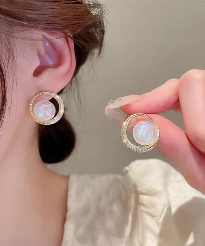 Gold Alloy Zircon Pearl Hoop Earrings
