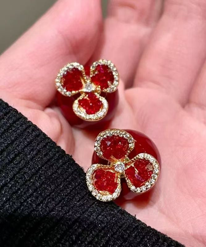 Stylish Red Copper Overgild Zircon Stud Earrings