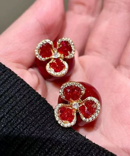 Stylish Red Copper Overgild Zircon Stud Earrings