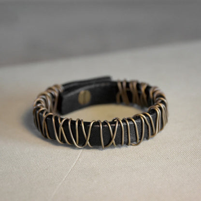Black Leather Copper Wire Wrap Spiritual Balance Bracelet