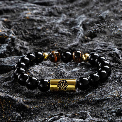 Black Onyx Tiger Eye Protection Bracelet With Lion Bead