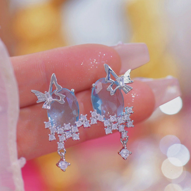 [] Blue Gem Butterfly Earrings