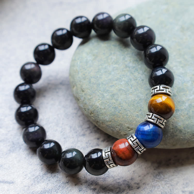 Buddha Stones Natural Black Obsidian Tricolor Tiger Eye Strength Bracelet