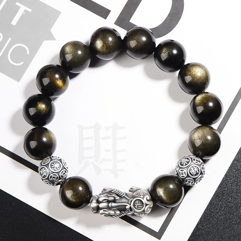 Buddha Stones 925 Sterling Silver Natural Gold Sheen Obsidian Pixiu Wealth Protection Bracelet