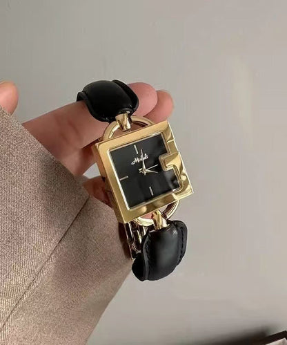 Brown Gold Leather Patchwork Chain Quartz Movement Square Watches