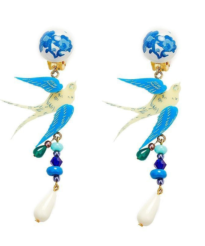 Original Design Blue Alloy Bird in Flight Drop Earrings