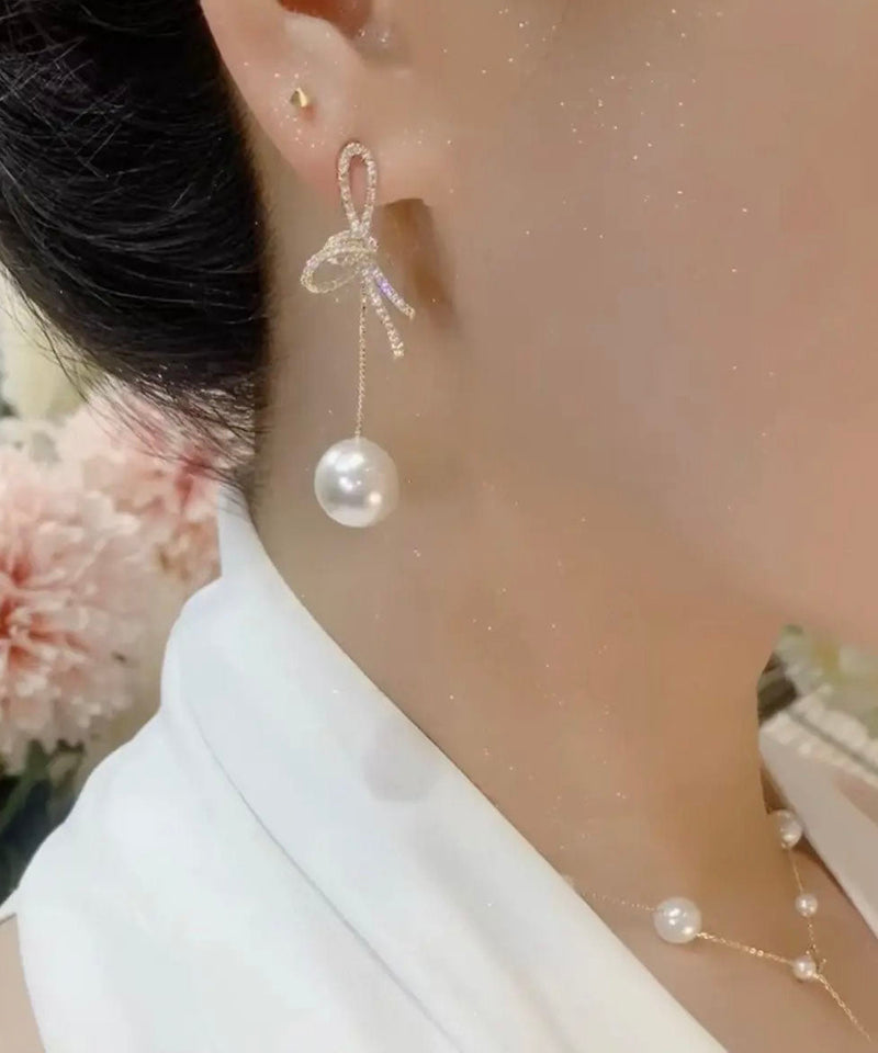 White Sterling Silver Alloy Bow Drop Earrings