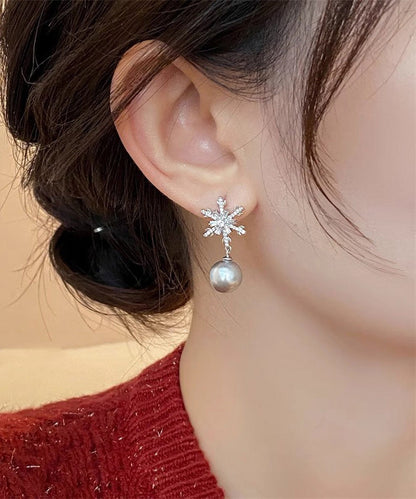 Boutique Grey Copper Overgild Pearl Snowflake Drop Earrings