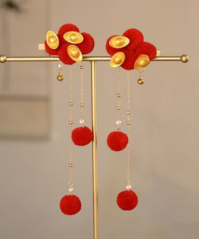 Chinese Style Red Alloy Fuzzy Ball Decorated Gold Bullion Tassel a Pair Hairpin