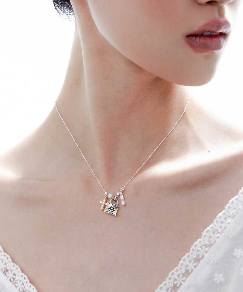 Fine Silk Cross Small Lock Pendant Adjustable Silver Necklace