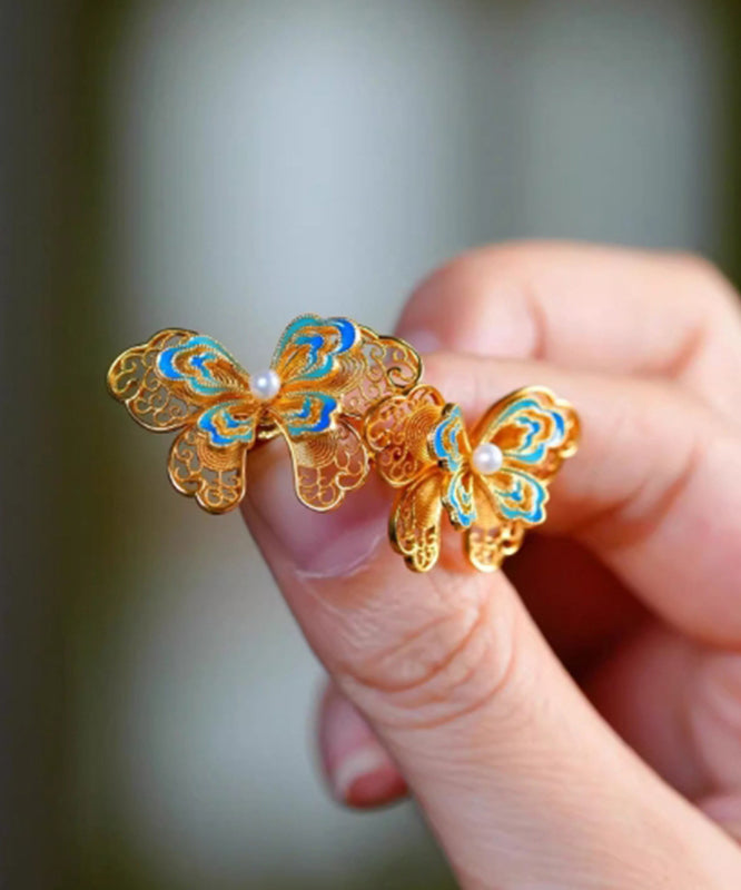 Retro Gold Sterling Silver Overgild Enamel Butterfly Pearl Stud Earrings