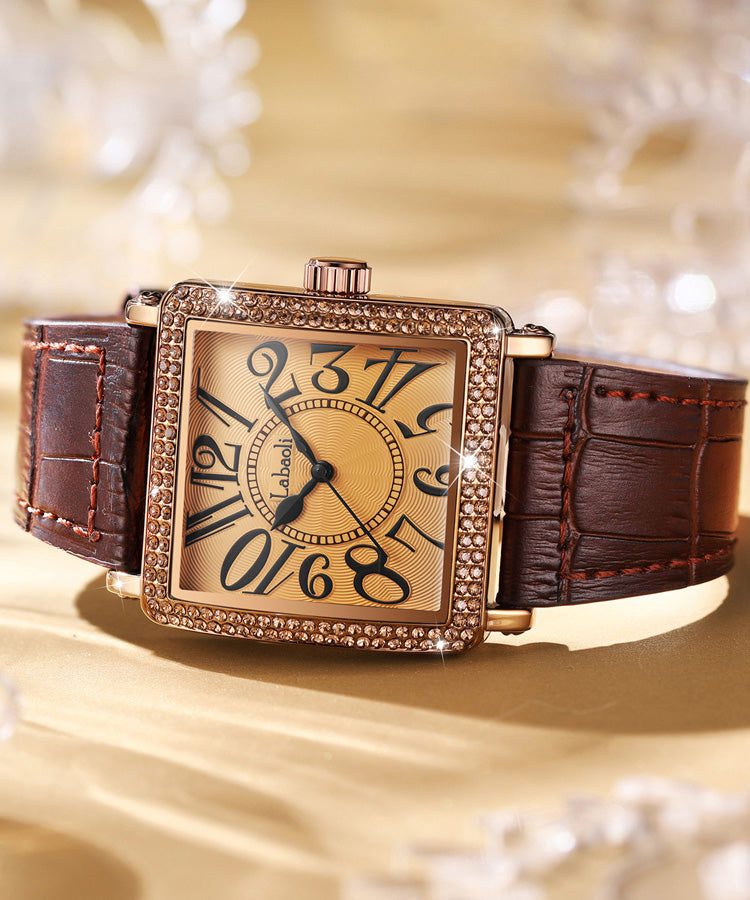 Coffee Leather Zircon Quartz Movement Tempered Glass Watch