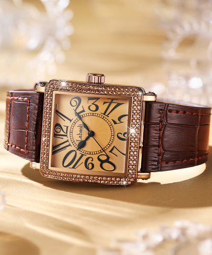 Coffee Leather Zircon Quartz Movement Tempered Glass Watch