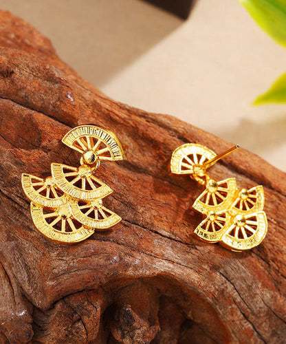 Chinese Style Gold Copper Overgild Sector Hollow Out Stud Earrings