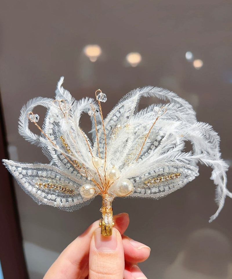 Stylish White Overgild Pearl Feather Tulle Hairpin Two Piece Set