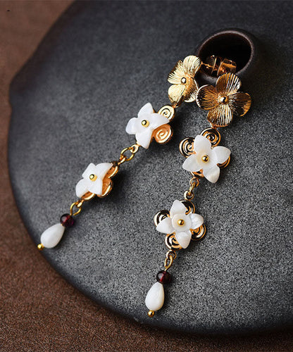 White Shell Flower 14k Gold Drop Earrings