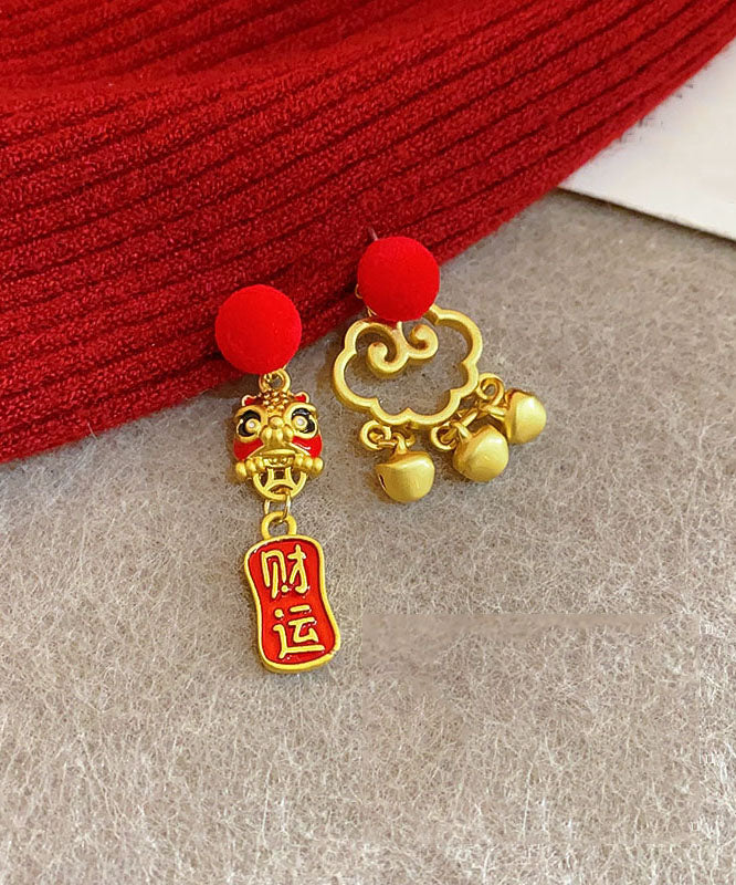 Red Sterling Silver Overgild Asymmetric Lion Dance Auspicious Clouds Tassel Drop Earrings