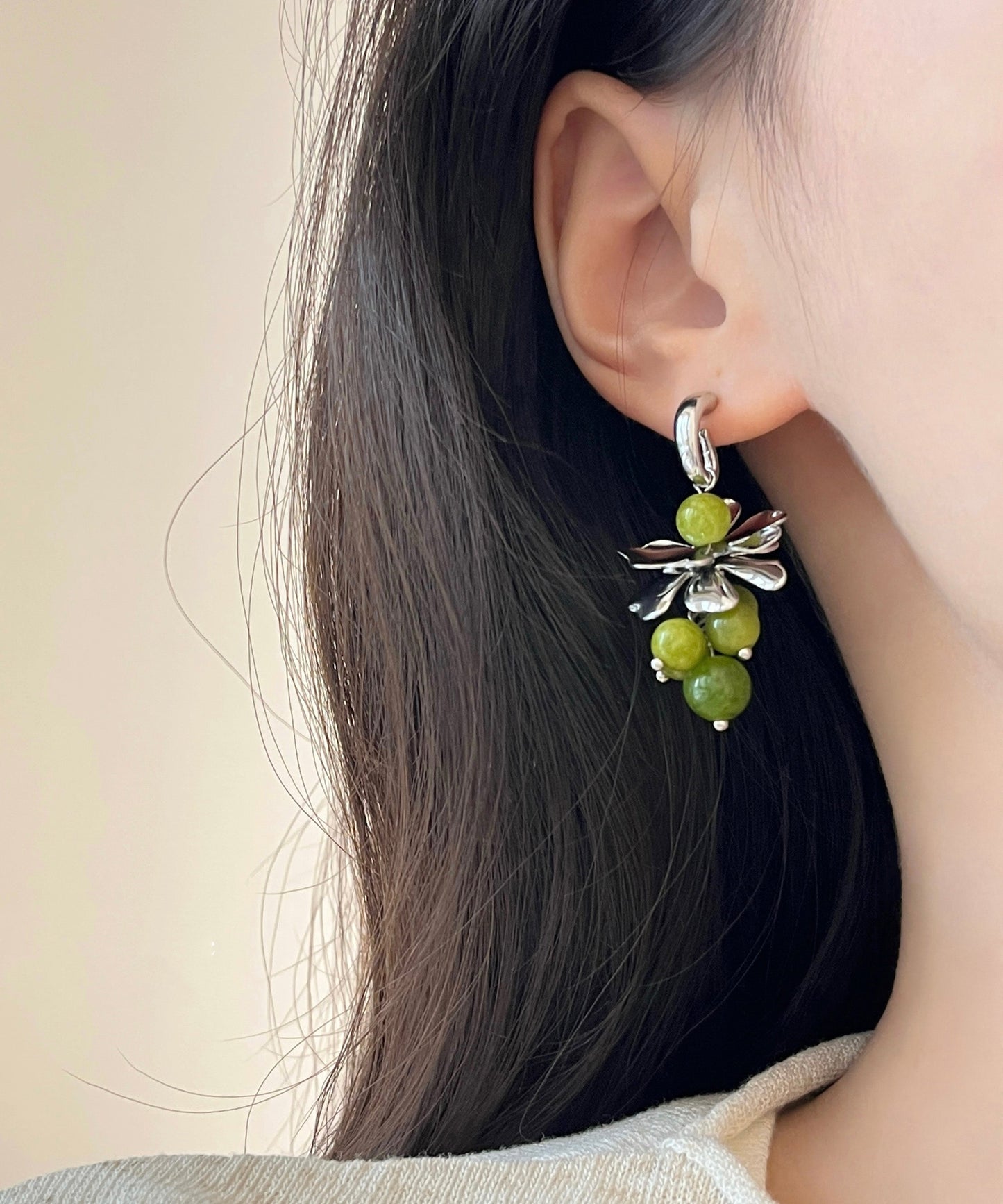 Green Copper Overgild Gem Stone Grape Drop Earrings