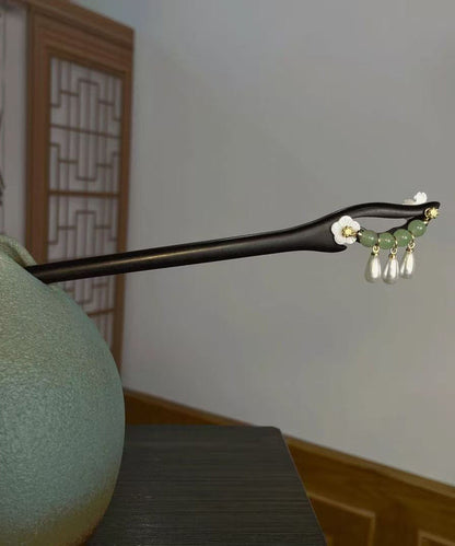 Handmade Green Wooden Lotus Pearl Tassel Hairpin