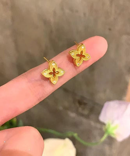 Art Gold Copper Overgild Zircon Hollow Out Stud Earrings