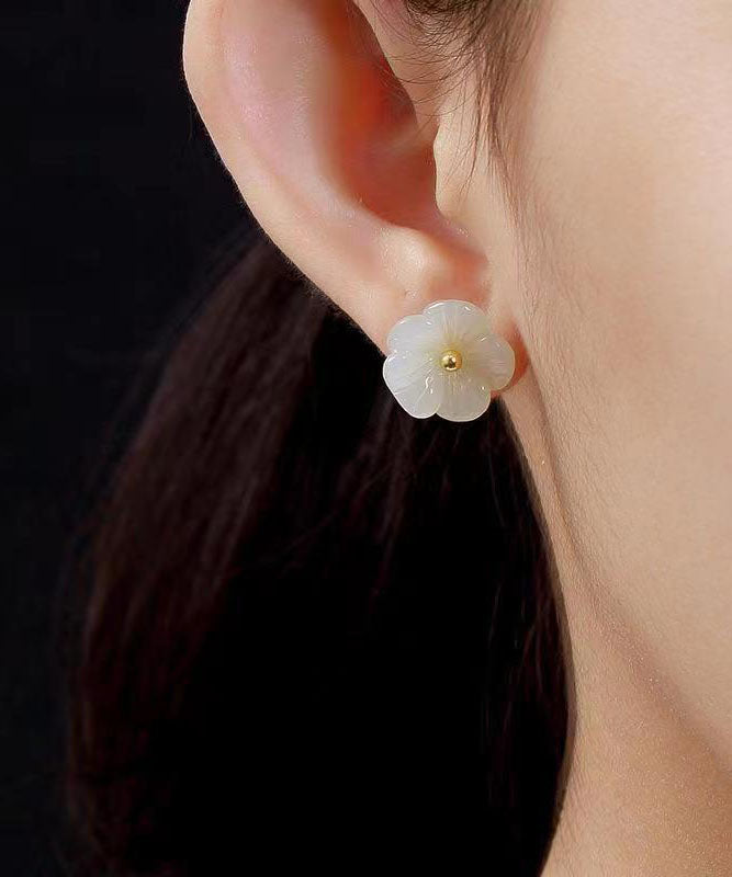 Simple White Sterling Silver Inlaid Jade Stud Earrings