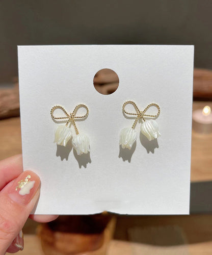 White Sterling Silver Alloy Bow Shell Stud Earrings