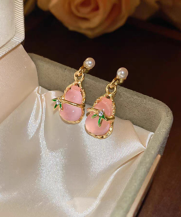 Pink Alloy Zircon Resin Hollow Out Calabash Drop Earrings
