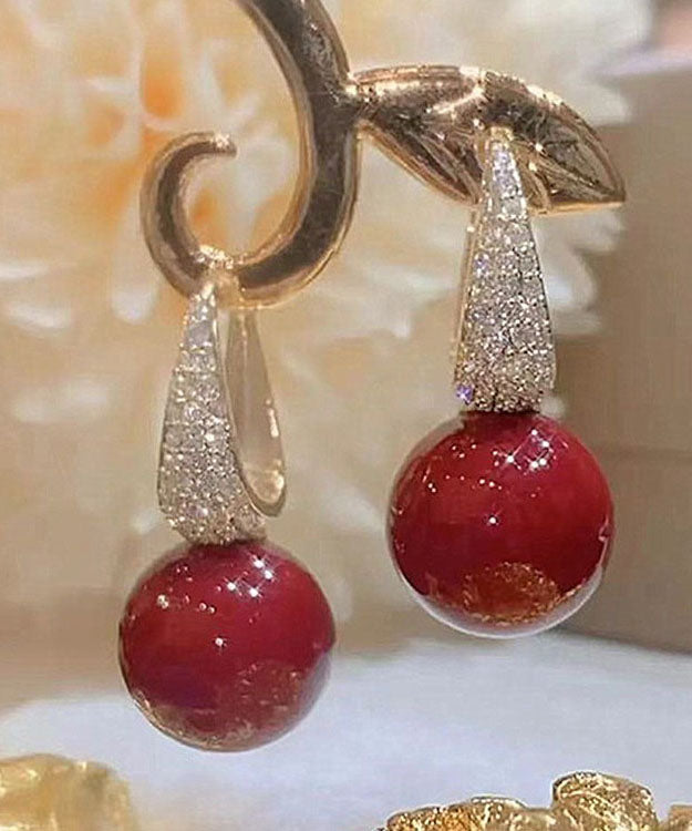 Diy Red Copper Overgild Zircon Pearl Drop Earrings