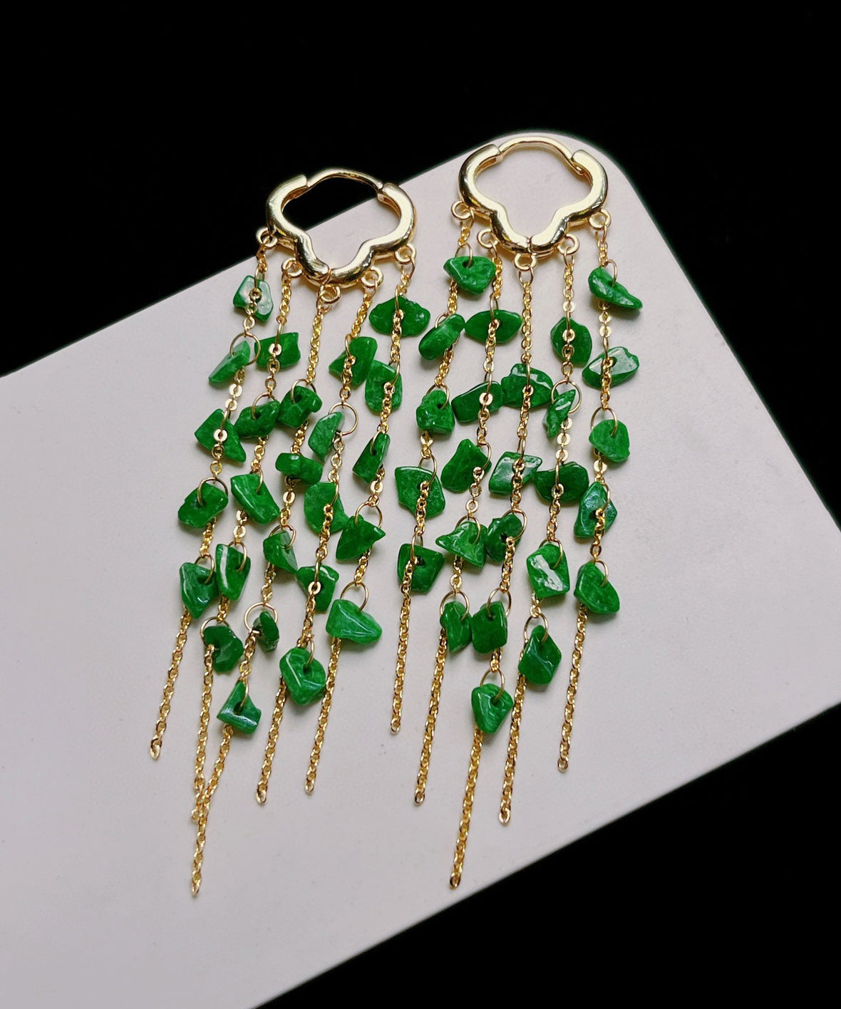 Green Sterling Silver 14k Gold Jade Tassel Drop Earrings