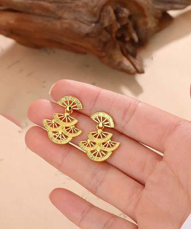 Chinese Style Gold Copper Overgild Sector Hollow Out Stud Earrings