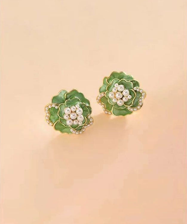 Green Sterling Silver Copper Pearl Stud Earrings
