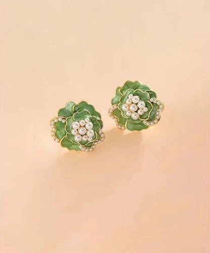 Green Sterling Silver Copper Pearl Stud Earrings